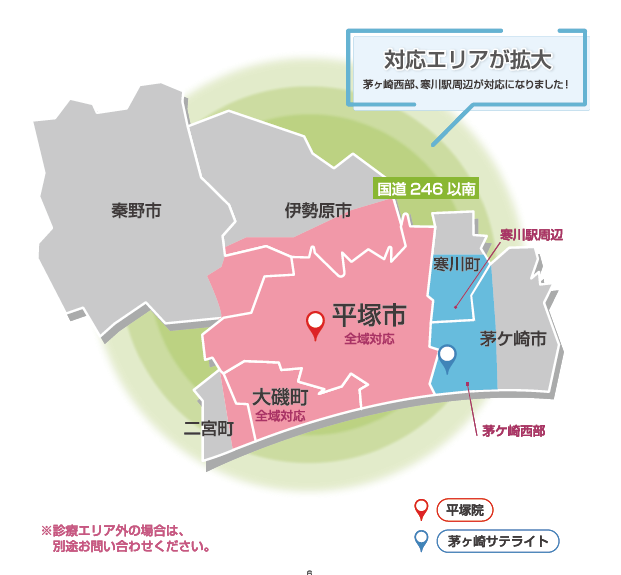 くすのき在宅診療所 茅ヶ崎サテライト開設フライヤー｜対応エリア拡大・4つの強み・相談事例